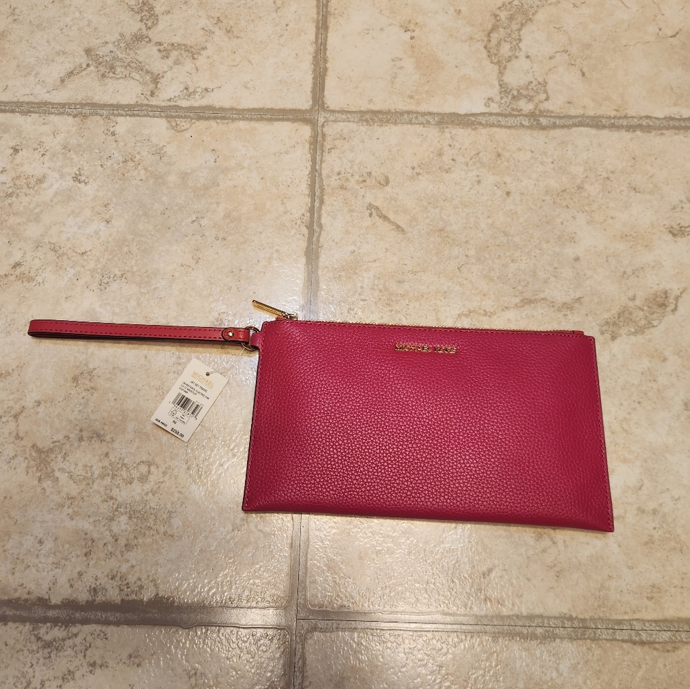Michael Kors Jet Set Travel Large Pebbled Leather Pouch Electric PInk